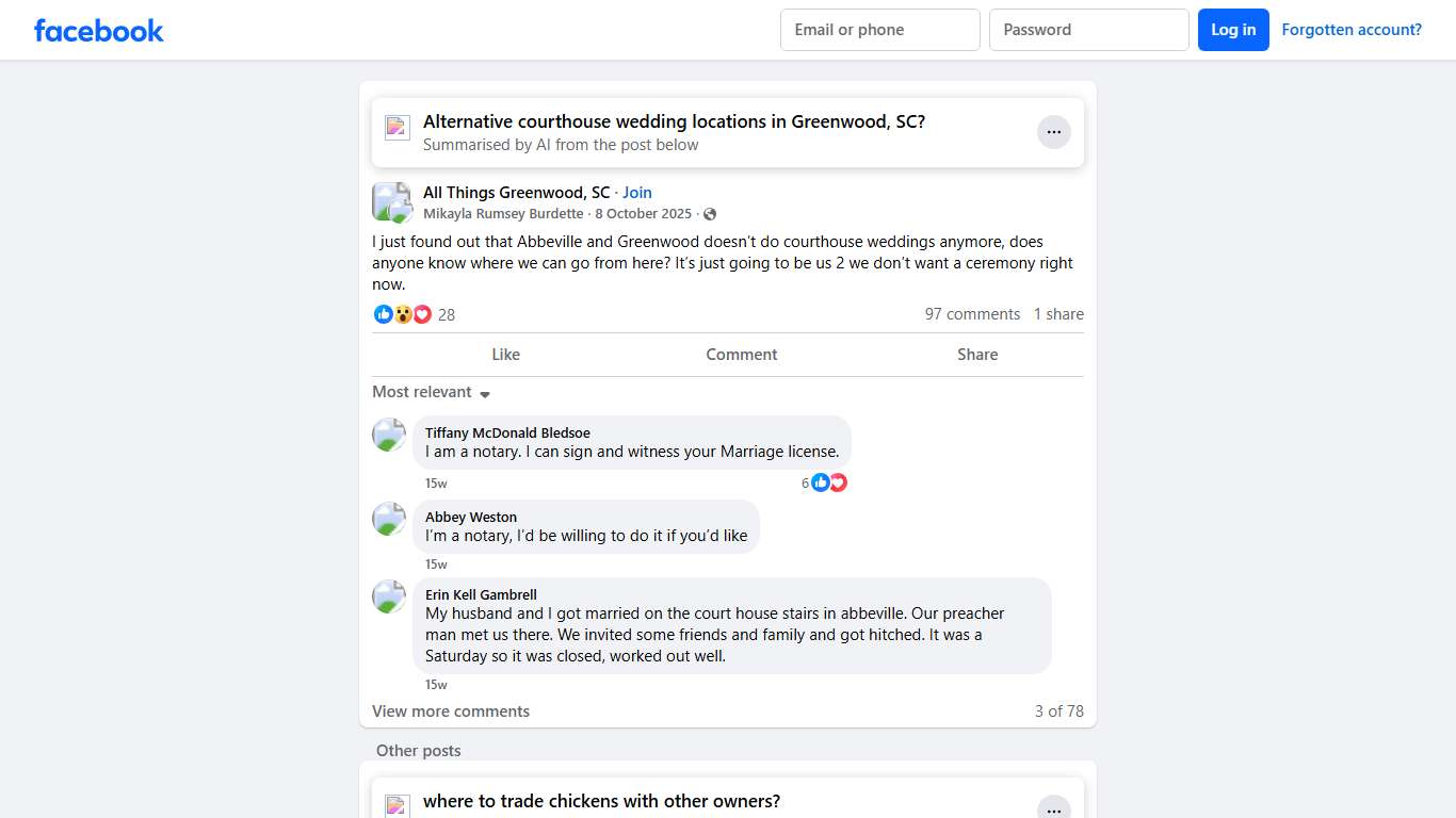 All Things Greenwood, SC I just found out that Abbeville and Greenwood doesn’t do courthouse weddings anymore, does anyone know where we can go from here Facebook